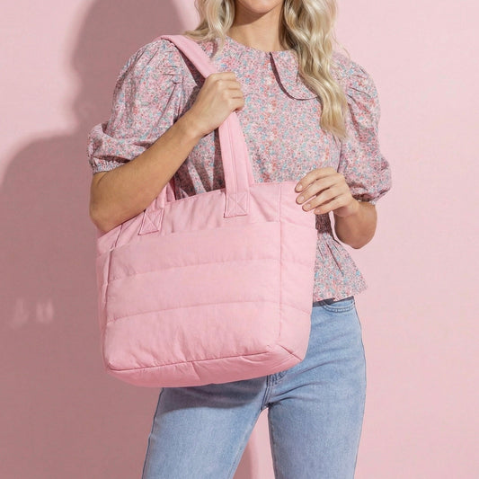 Anna-Kaci Women's Quilted Puffer Tote Bag with Luggage Strap Water-Resistant Padded Panels and Smooth Zipper