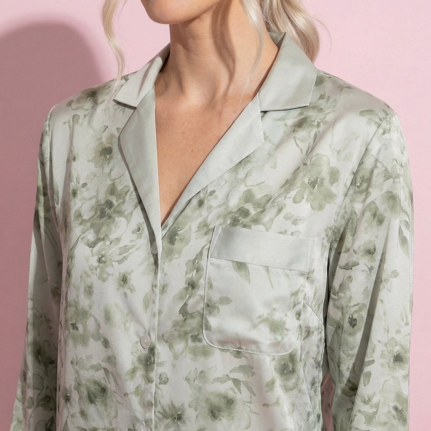 Anna-Kaci Lounge Women's 2-Piece Set Floral Satin Button Front Pajama Top with Contrast Cuffs and Matching Relaxed Fit Lounge Pants