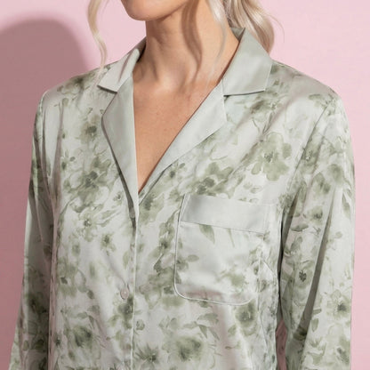 Anna-Kaci Lounge Women's 2-Piece Set Floral Satin Button Front Pajama Top with Contrast Cuffs and Matching Relaxed Fit Lounge Pants