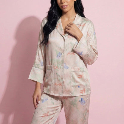 Anna-Kaci Lounge Women's 2-Piece Set Floral Print Button Front Pajama Top with Wide Cuff Sleeves and Matching Relaxed Fit Pants