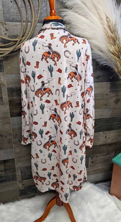 Baha Ranch Rodeo Cowboy Print Lightweight Cardigan