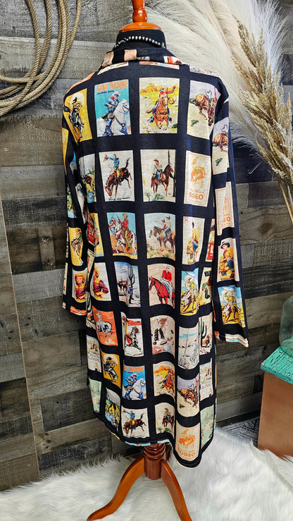 Baha Ranch Vintage Cowboy Collage Western Lightweight Cardigan