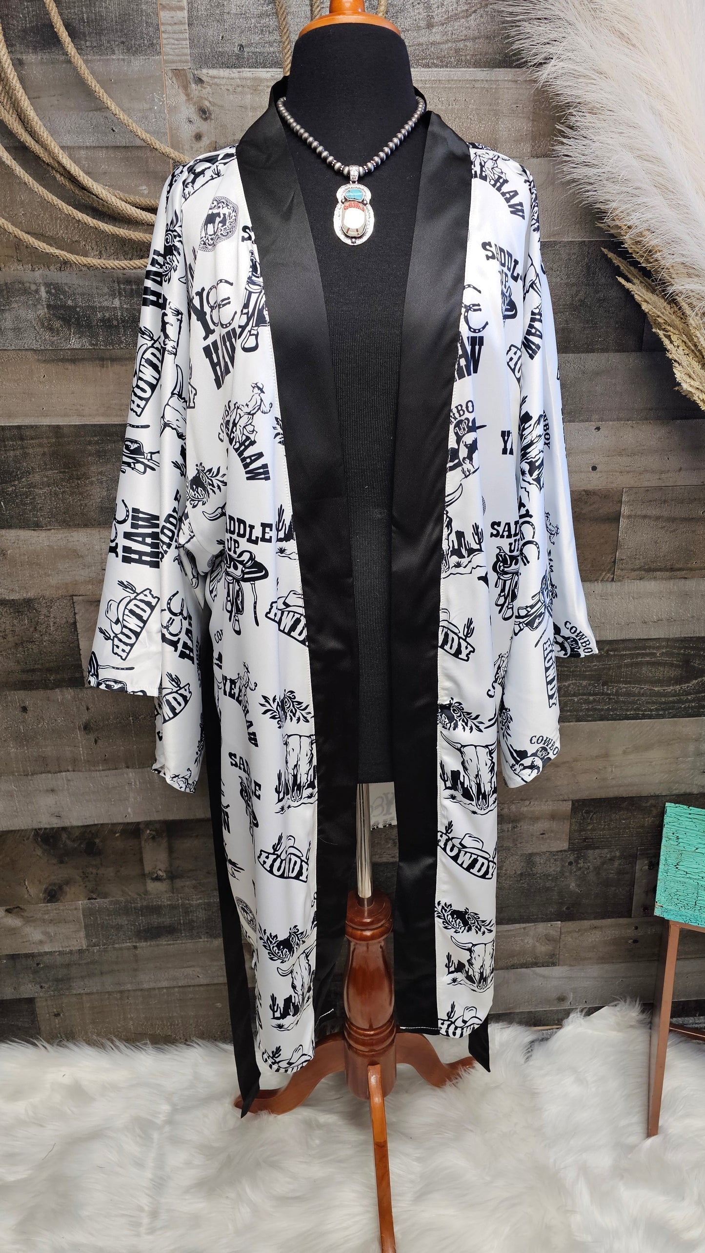 Baha Ranch Cowboy Print Western Satin Kimono Robe