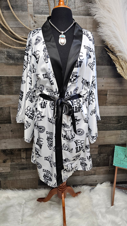 Baha Ranch Cowboy Print Western Satin Kimono Robe