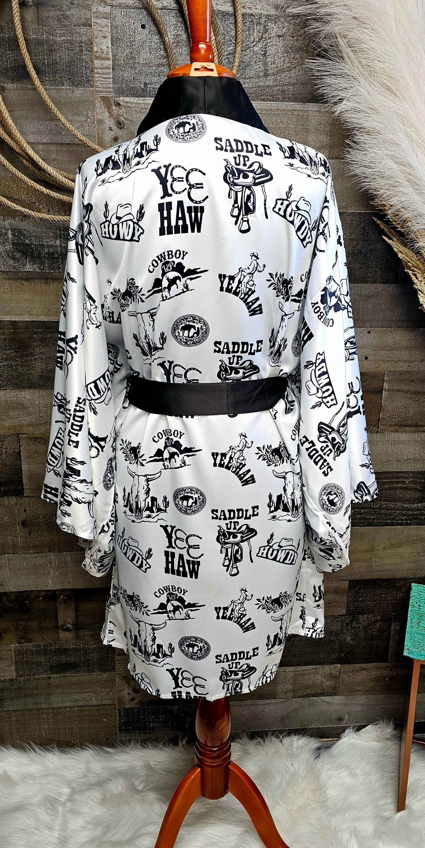 Baha Ranch Cowboy Print Western Satin Kimono Robe