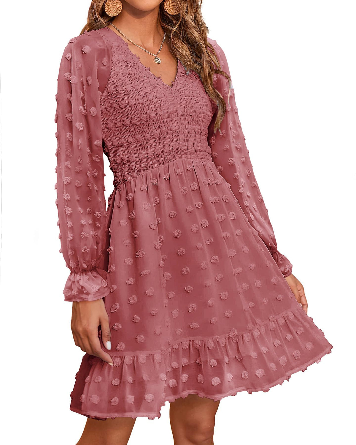 ✨Women's V Neck Casual Smocked Swiss Dot Swing Ruffle Mini Dress