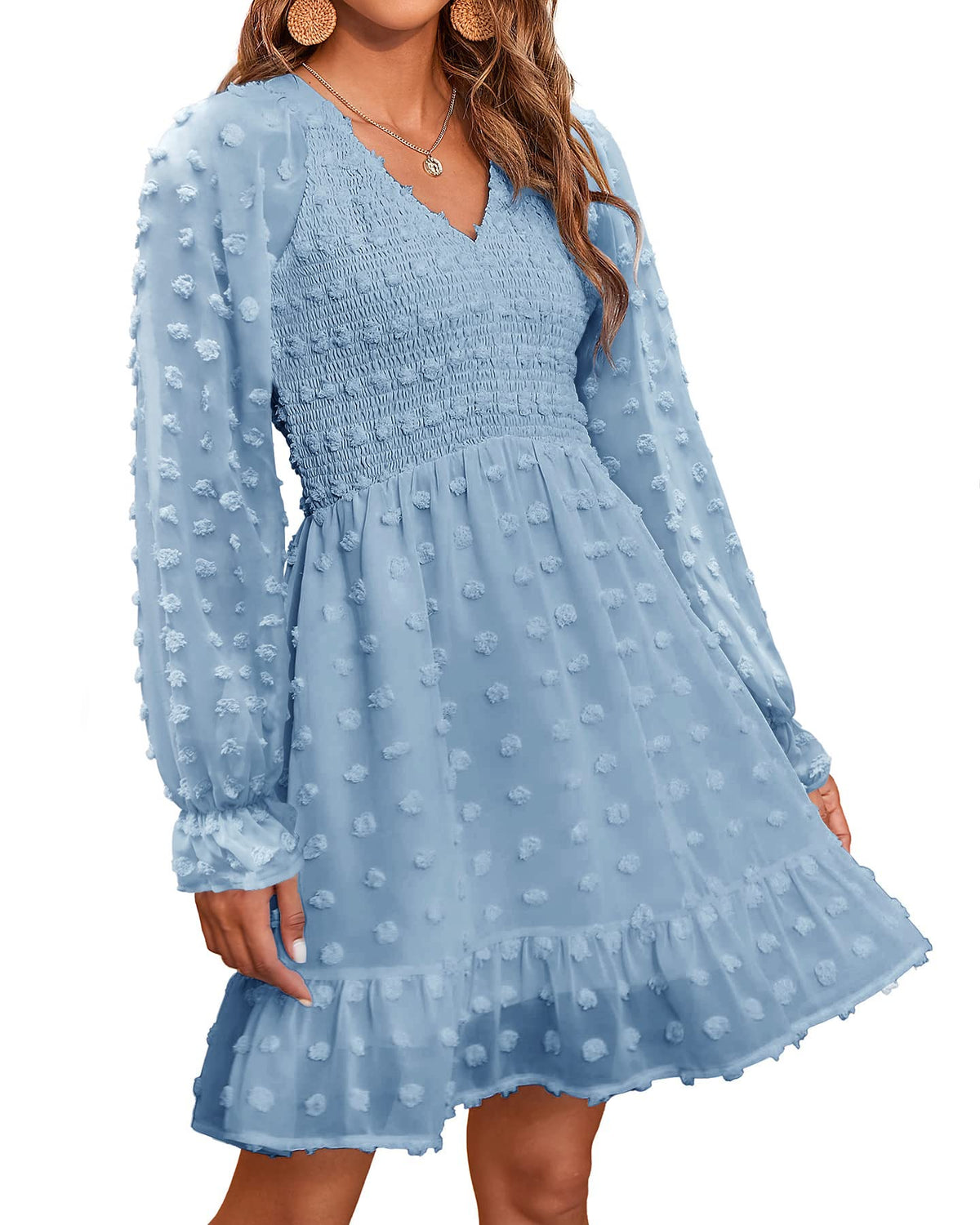 ✨Women's V Neck Casual Smocked Swiss Dot Swing Ruffle Mini Dress