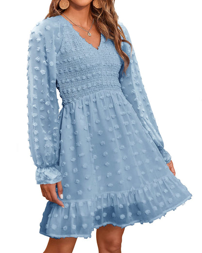 ✨Women's V Neck Casual Smocked Swiss Dot Swing Ruffle Mini Dress