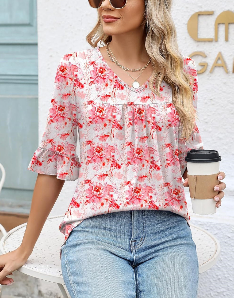 ✨WOMENS 3/4 LENGTH SLEEVE V-NECK CASUAL RUFFLE SLEEVE TUNIC BLOUSES