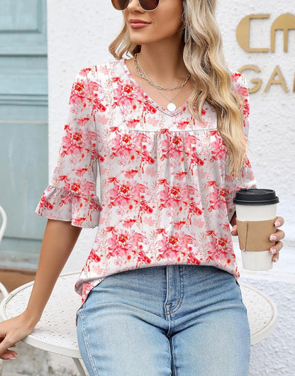 ✨WOMENS 3/4 LENGTH SLEEVE V-NECK CASUAL RUFFLE SLEEVE TUNIC BLOUSES