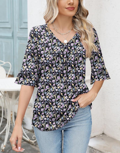 ✨WOMENS 3/4 LENGTH SLEEVE V-NECK CASUAL RUFFLE SLEEVE TUNIC BLOUSES