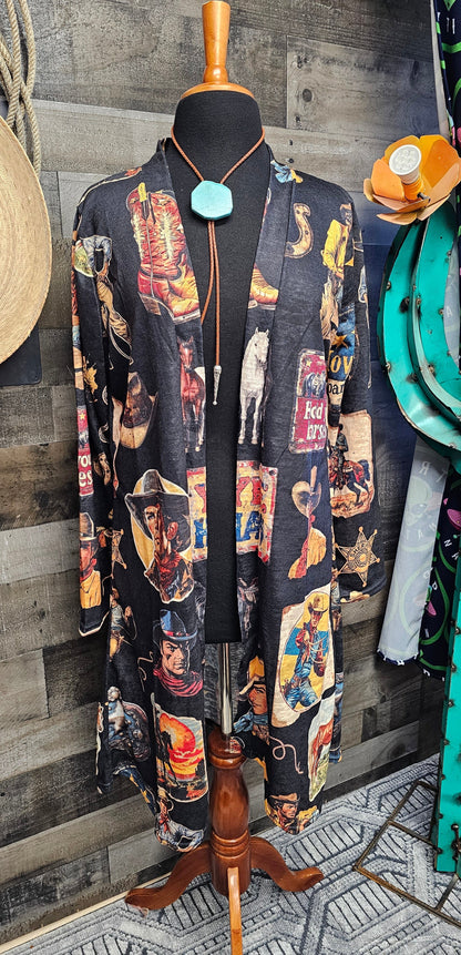 Baha Ranch Vintage Cowboy Collage Western Lightweight Cardigan