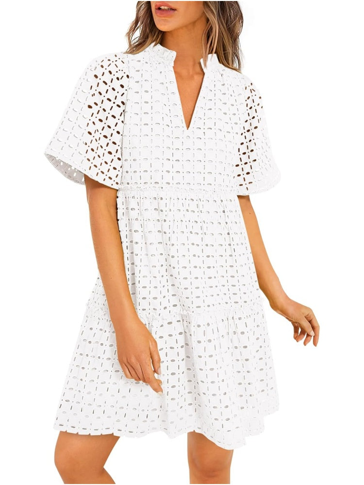 Women's Eyelet Embroidery V-Neck Smocked Waist A-Line Dress