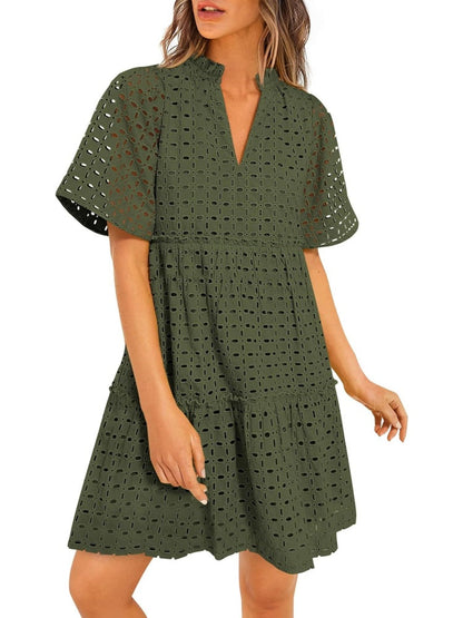 Women's Eyelet Embroidery V-Neck Smocked Waist A-Line Dress