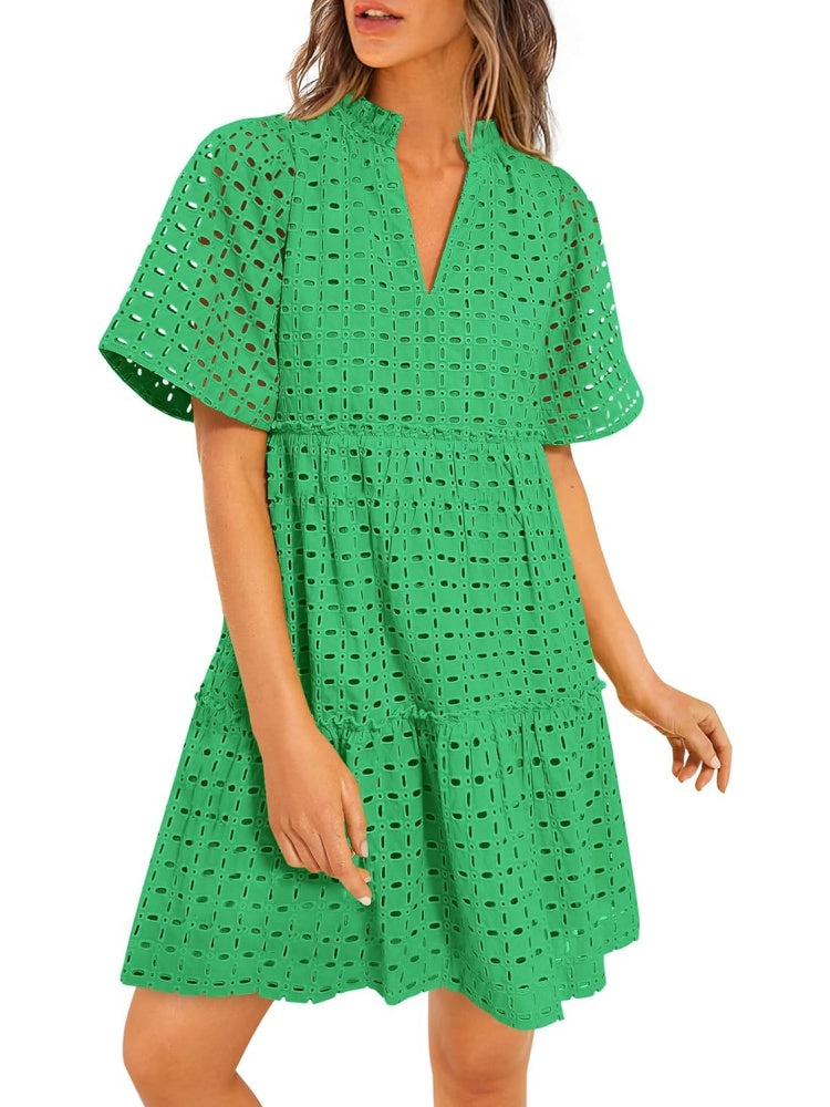 Women's Eyelet Embroidery V-Neck Smocked Waist A-Line Dress