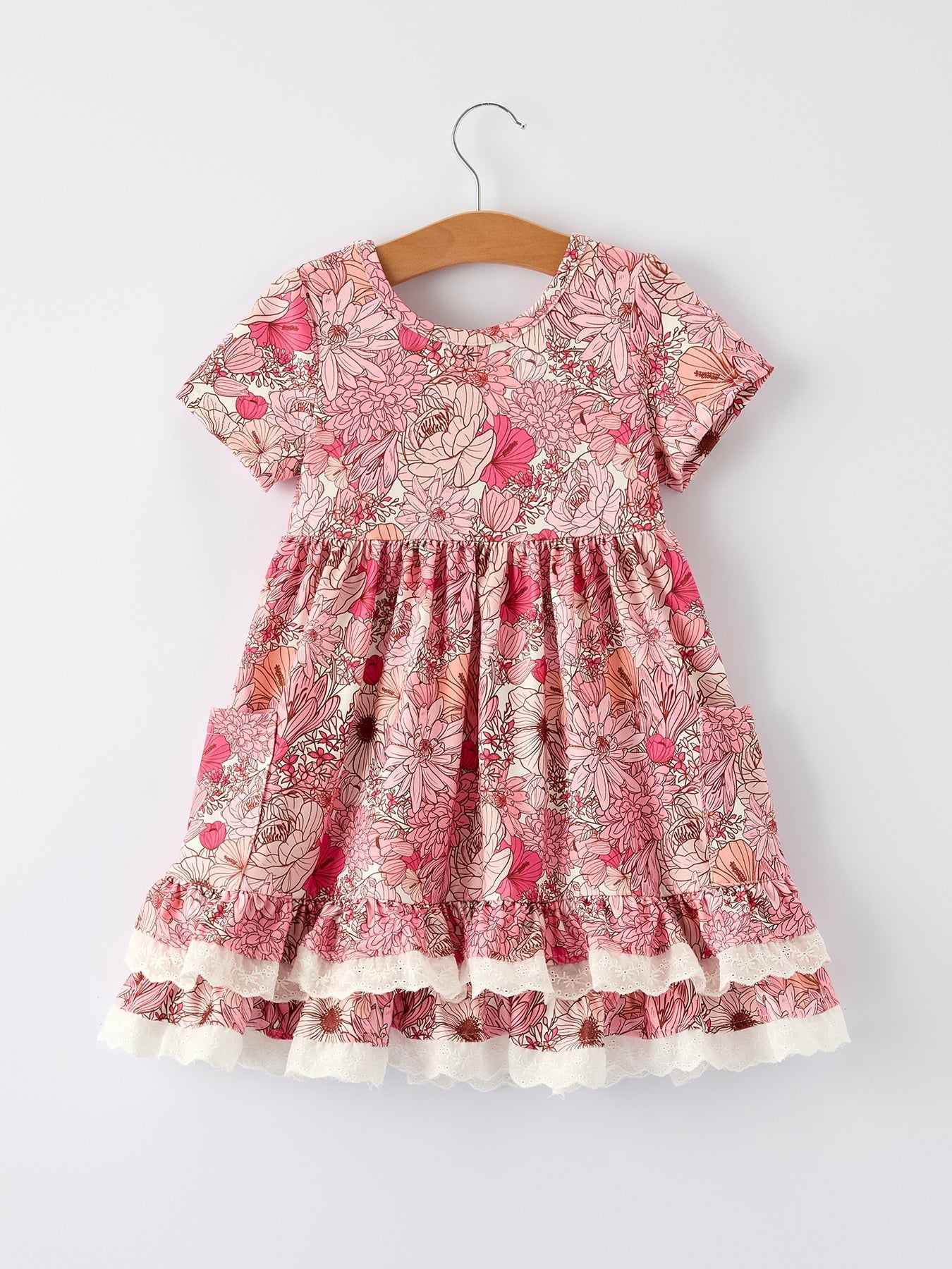 Fall Sweet Floral Pattern Dress with Pockets and Ruffle Hem for Girls