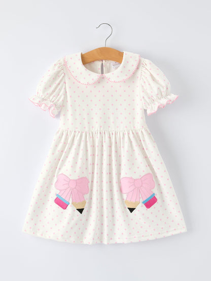 Back to School Polka Dot Girls Dress Pencil Bow Applique