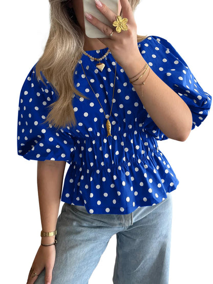 ✨Womens Polka Dots Peplum Puff Short Sleeve Tops