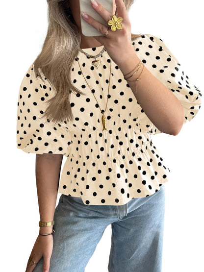 ✨Womens Polka Dots Peplum Puff Short Sleeve Tops