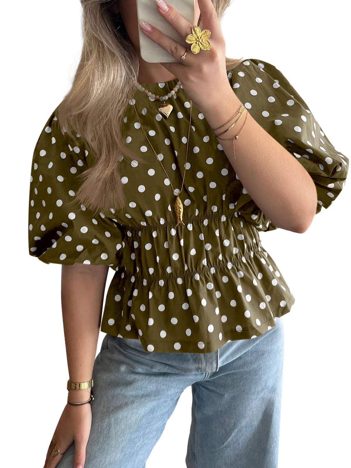 ✨Womens Polka Dots Peplum Puff Short Sleeve Tops
