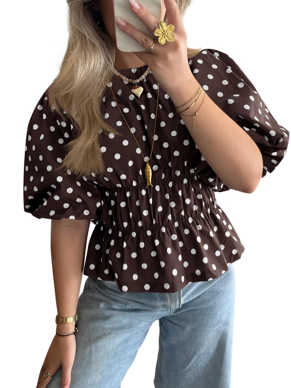 ✨Womens Polka Dots Peplum Puff Short Sleeve Tops
