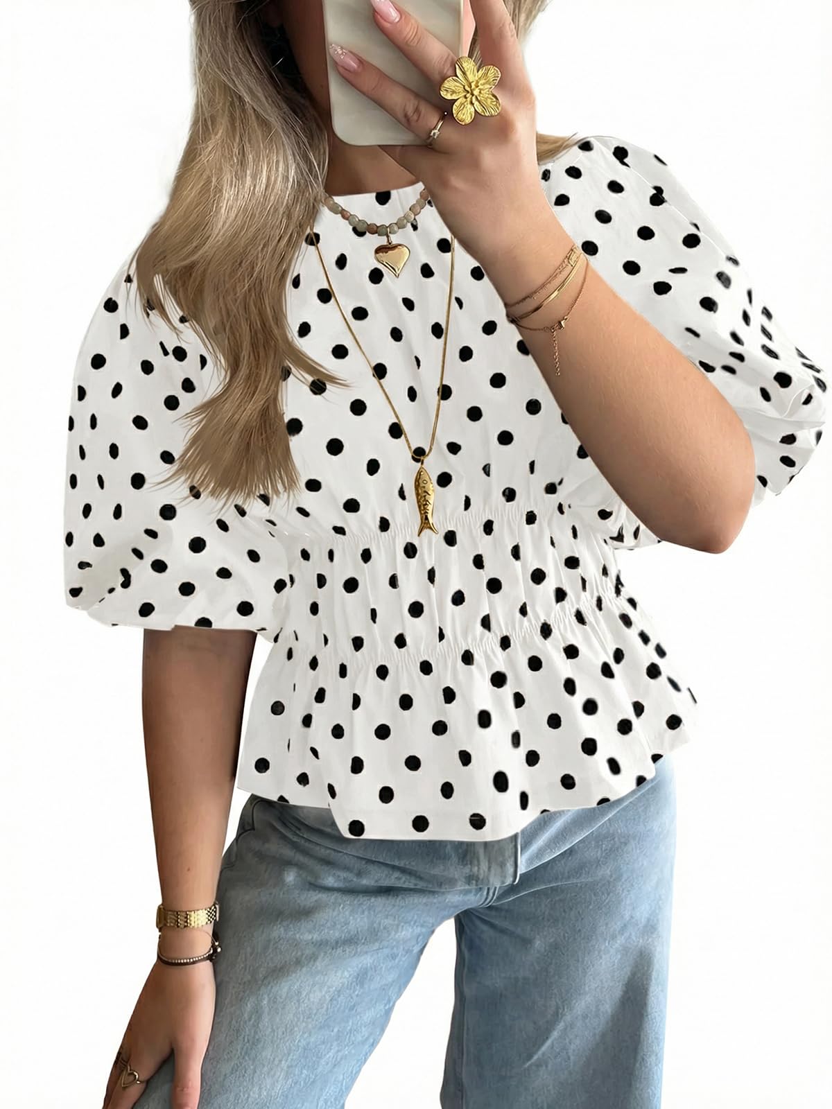 ✨Womens Polka Dots Peplum Puff Short Sleeve Tops