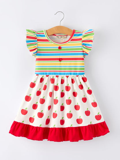 Back to School Apple Stripe Girls Ruffle Dress