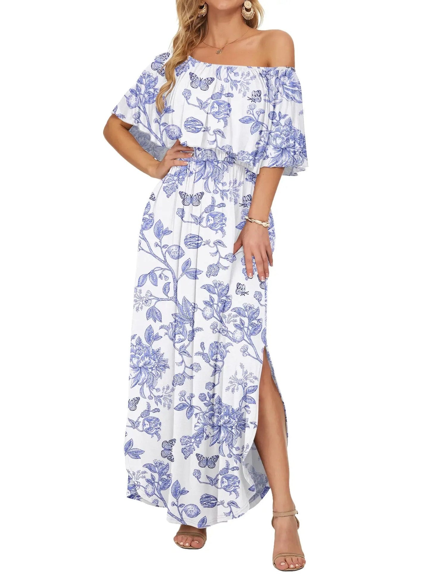 Women's Off Shoulder Floral Maxi Dress with Pockets & Slit