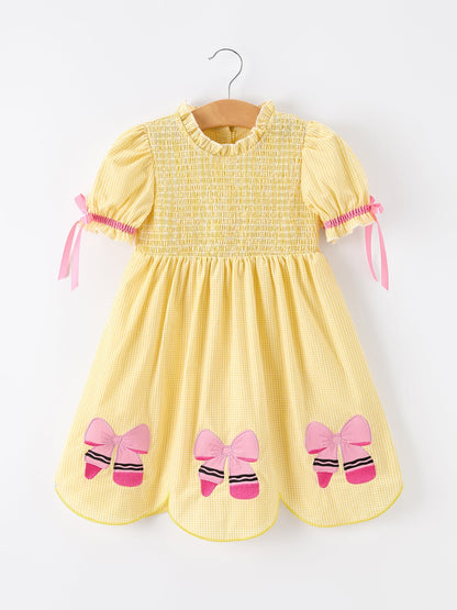 Girls Back To School Pencil Twirl Yellow Dress Bow Applique Smocked