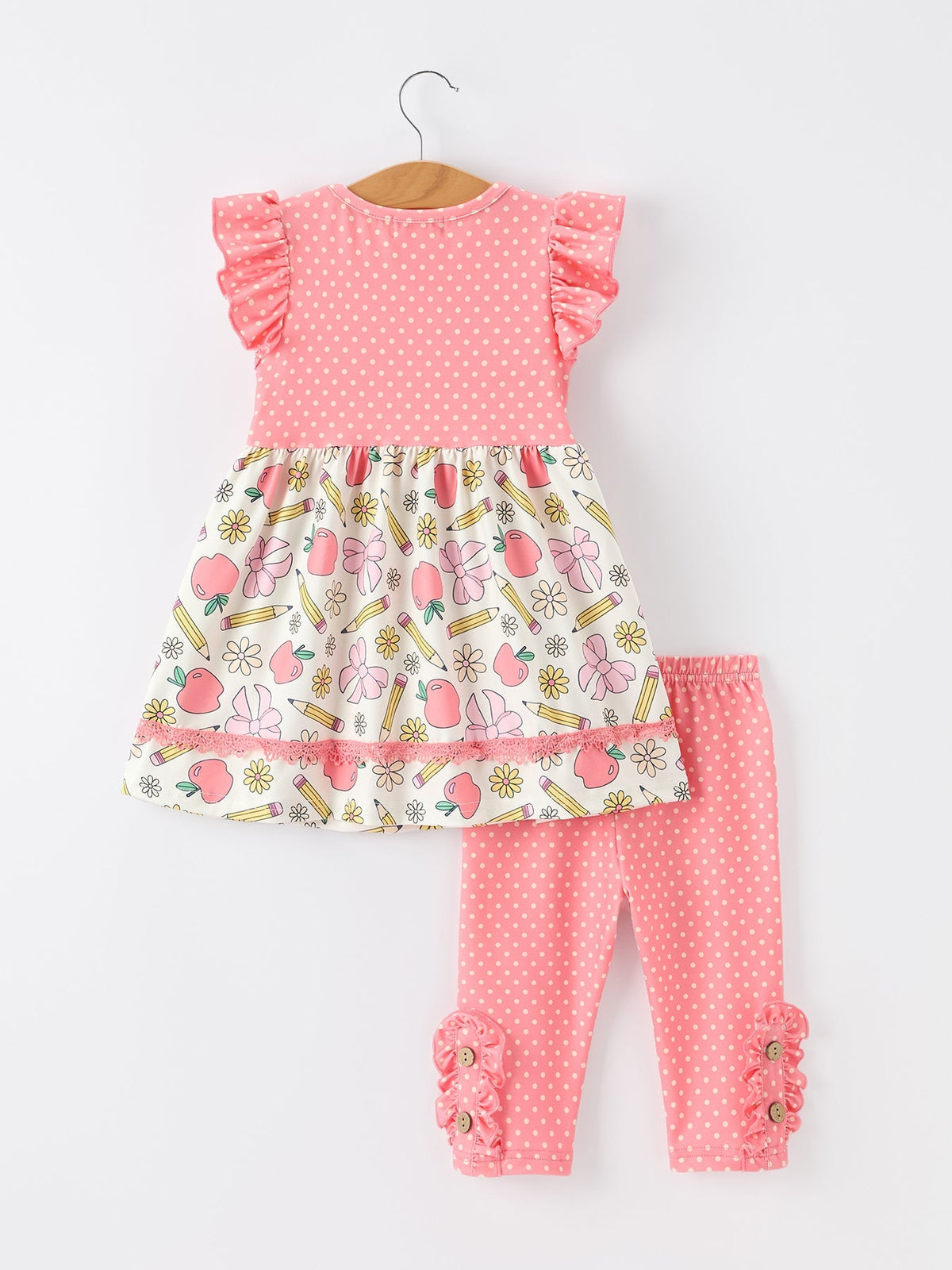 Girls Back To School Apple Pencil Polka Dot Dress Leggings Set