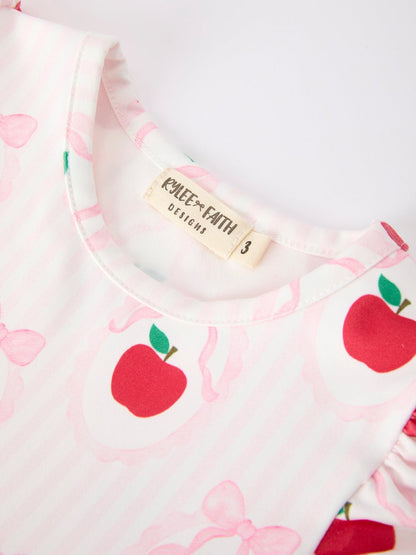 Girls Back To School Apple Bow Pocket Ruffle Top Shorts Set