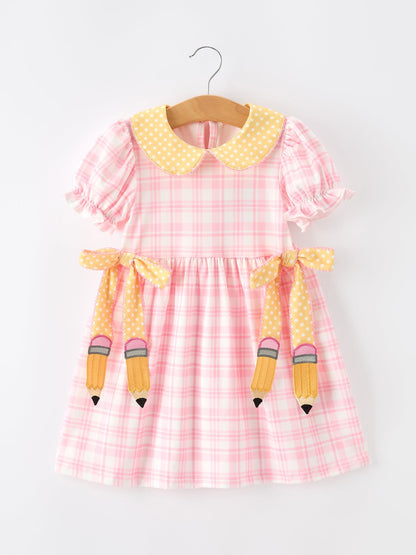 Girls Back To School Pencil Plaid Twirl Dress Bow Petals Collar