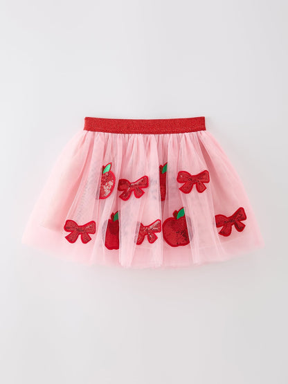 Back To School Apple Bow Girls Skirt Tulle Sequin Applique