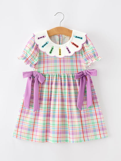 Back To School Plaid Crayon Embroidery Girls Dress Bow Puff Sleeve