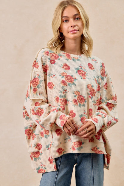 BiBi Floral Print Oversized Waffle Thermal Top