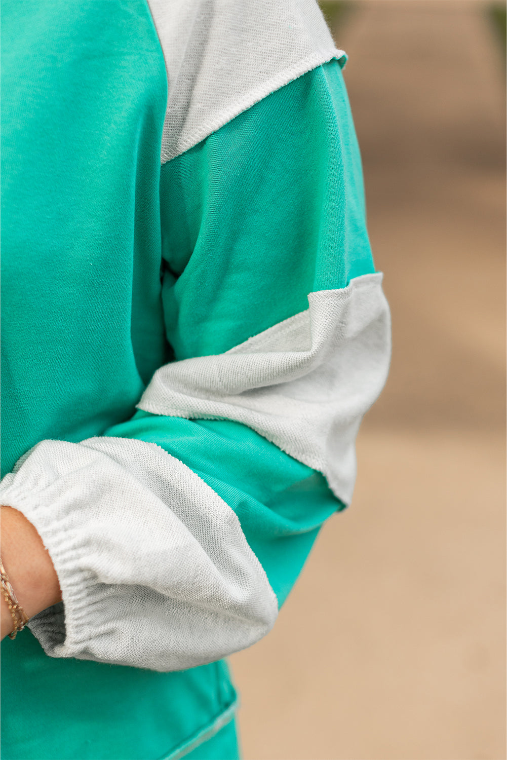 Threaded Pear Aruba Blue Colorblock Patchwork Cross Seam Plus Sweatshirt