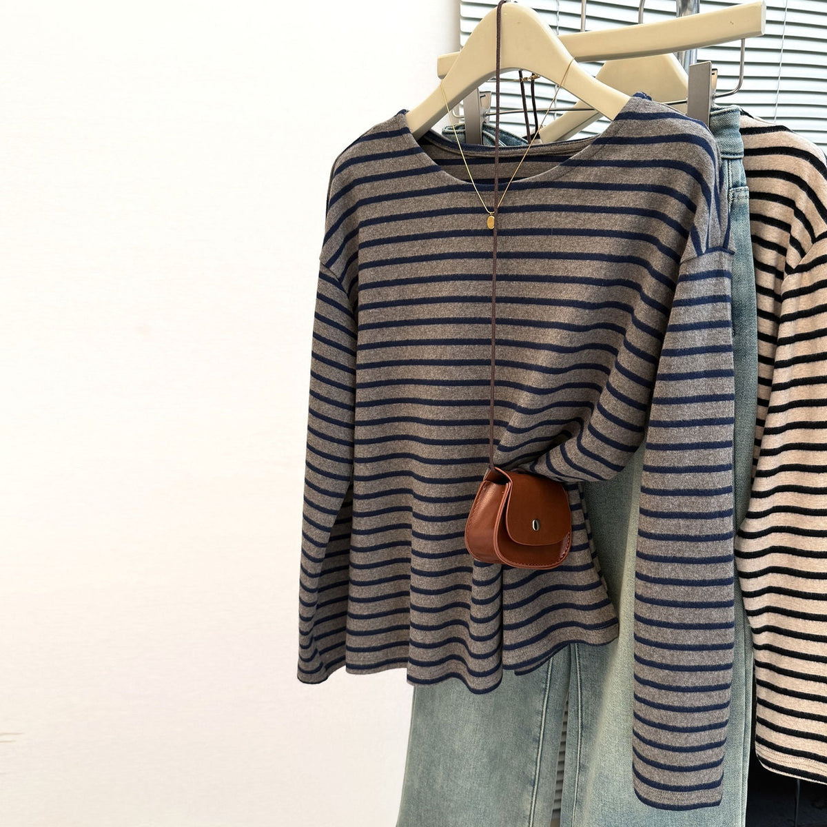 Style Brushed Long Sleeve T-Shirt for Women Plus Size Loose FitInner Wear or Outer Wear Striped