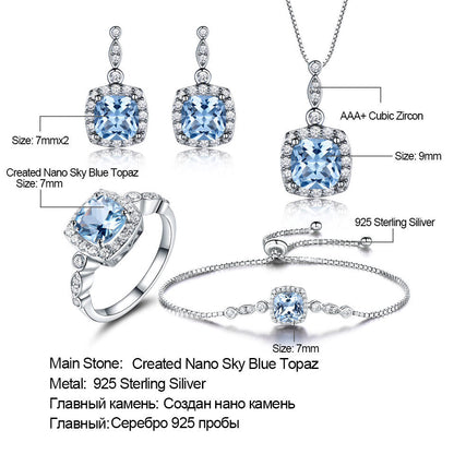 4-Piece Sky Blue Topaz Jewelry Set | 925 Sterling Silver Necklace, Earrings, Ring & Bracelet | Luxurious Gemstone Bridal Set for Women