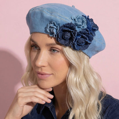 Anna-Kaci Women's Floral Denim Beret Hat Soft Structured Fashion Cap
