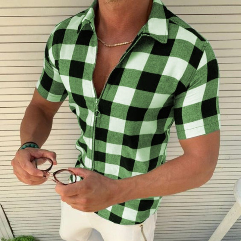 Men’s Plaid Zipper Short-Sleeve T-Shirt | High-Sense Summer Executive Polo | Trendy Minimalist Checkered Casual Shirt | Luxury-Label Urban Men’s Clothing | 2026 High-Fashion Statuesque Streetwear