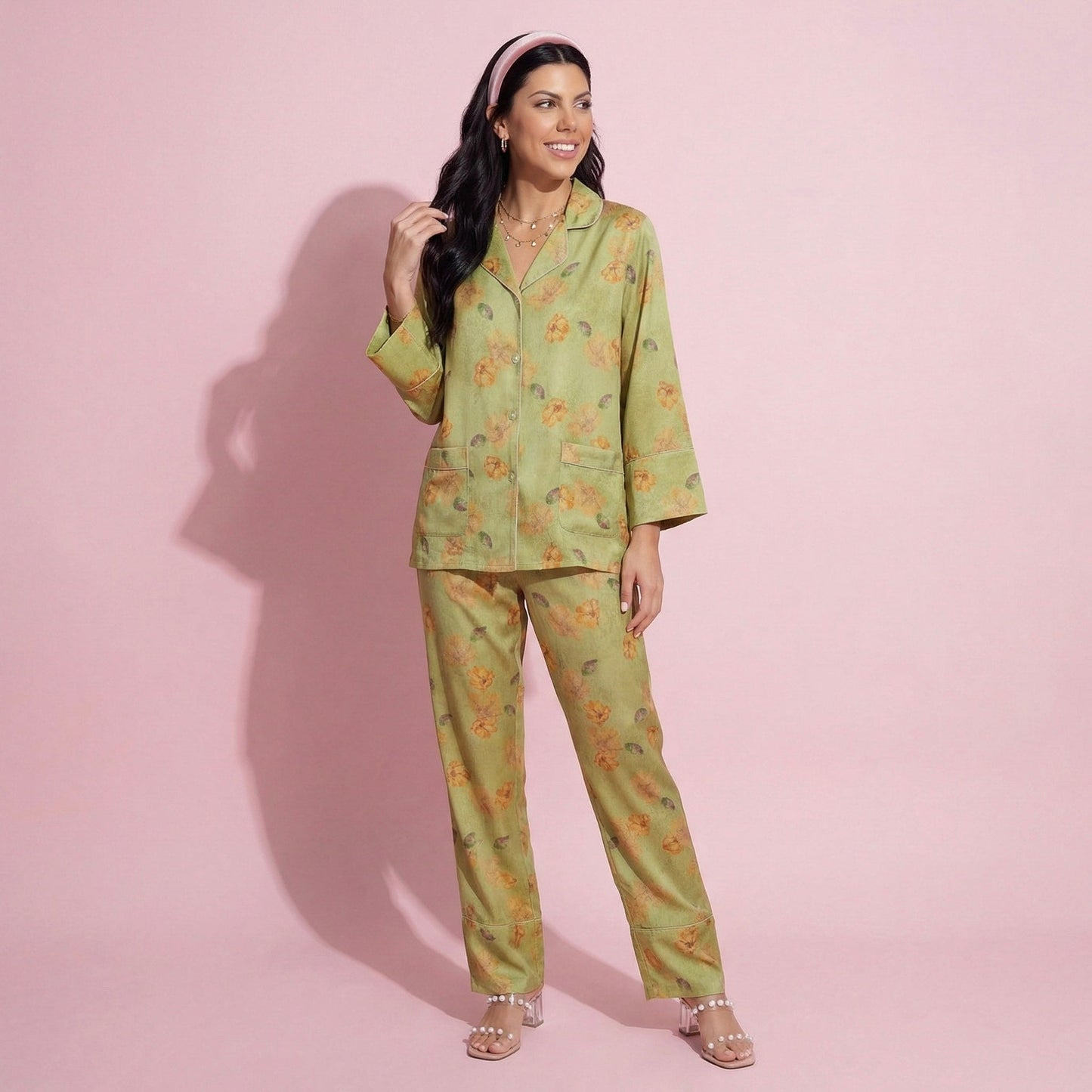 Anna-Kaci Lounge Women's 2-Piece Set Floral Print Button Front Pajama Top with Wide Cuff Sleeves and Matching Relaxed Fit Pants