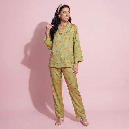 Anna-Kaci Lounge Women's 2-Piece Set Floral Print Button Front Pajama Top with Wide Cuff Sleeves and Matching Relaxed Fit Pants