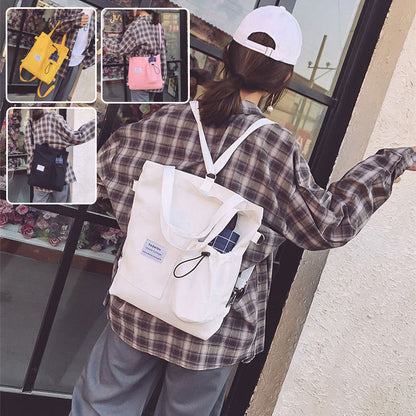 Harajuku Style Canvas Handbag for Students | Multi-Pocket Preppy Backpack & Shoulder Bag | Kawaii Schoolbag for Women | Large Capacity Versatile Tote for College & Travel