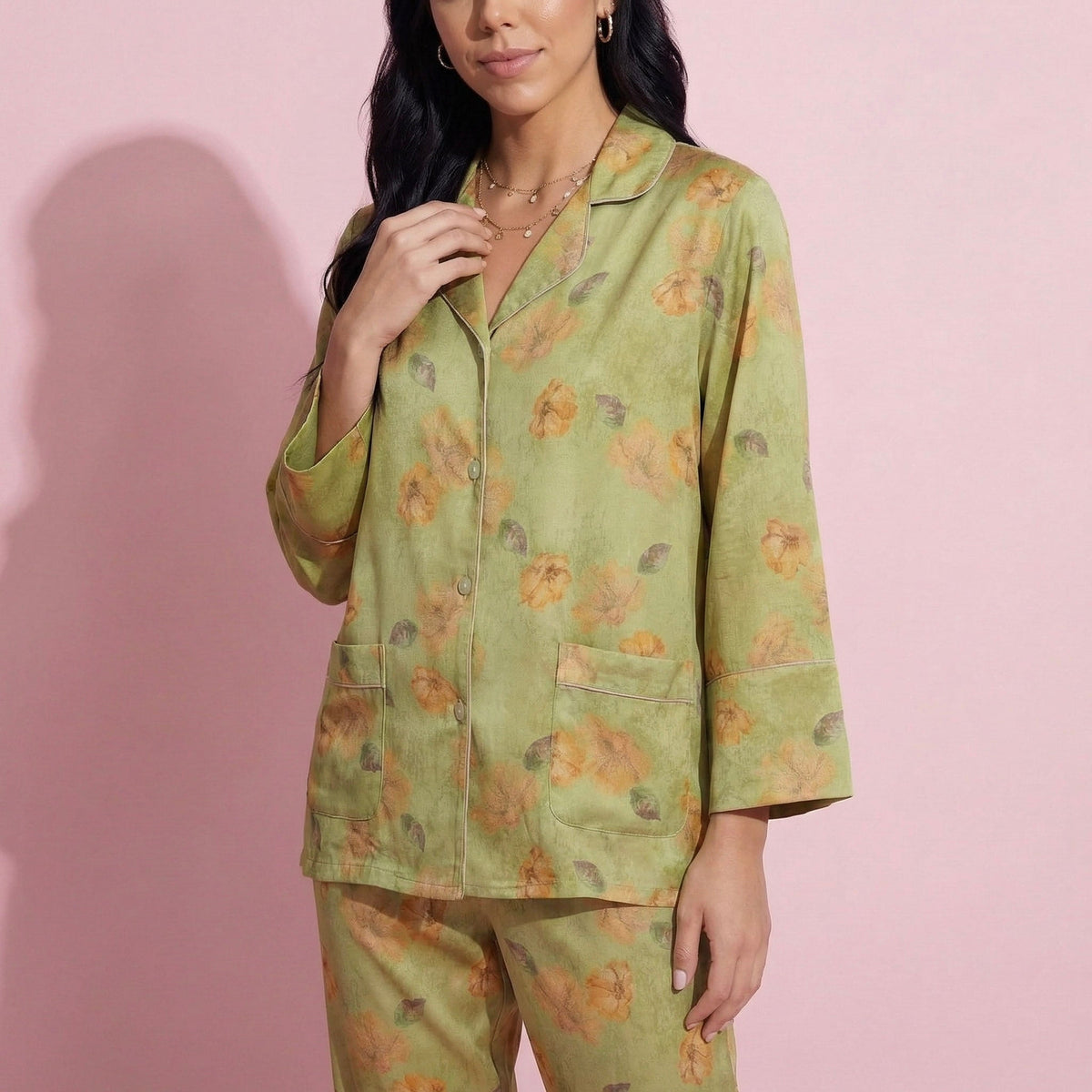 Anna-Kaci Lounge Women's 2-Piece Set Floral Print Button Front Pajama Top with Wide Cuff Sleeves and Matching Relaxed Fit Pants