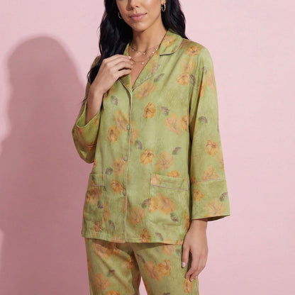 Anna-Kaci Lounge Women's 2-Piece Set Floral Print Button Front Pajama Top with Wide Cuff Sleeves and Matching Relaxed Fit Pants