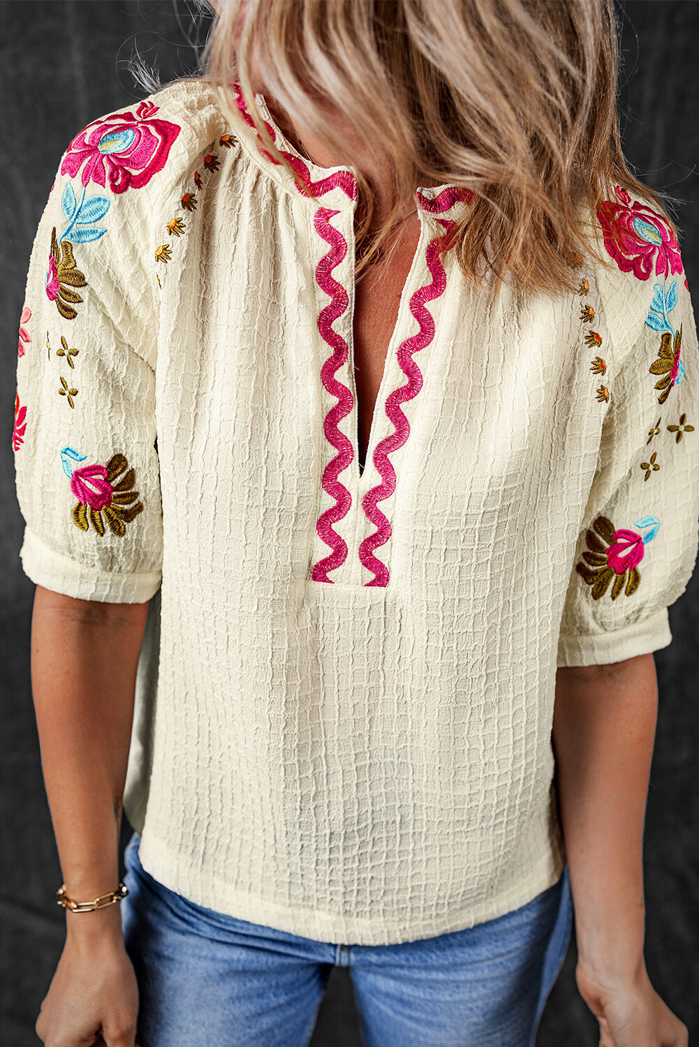 Threaded Pear August Floral Embroidered Puff Sleeve Blouse
