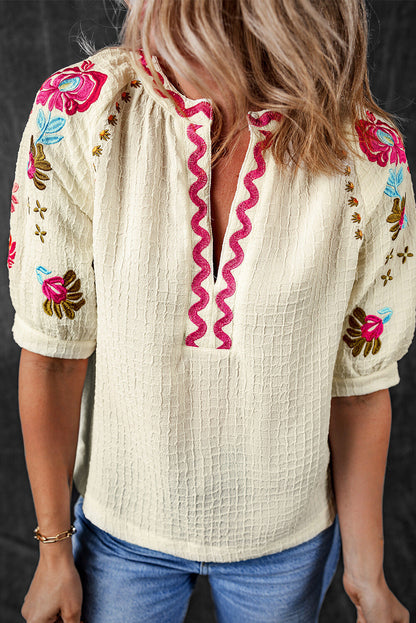 Threaded Pear August Floral Embroidered Puff Sleeve Blouse