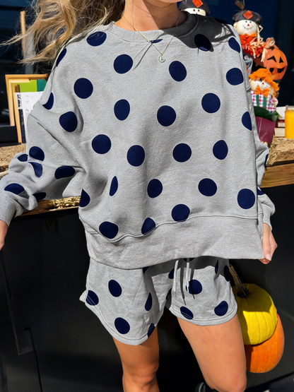 ✨Polka Dot Print Drop Shoulder Pullover Drawstring Shorts Set