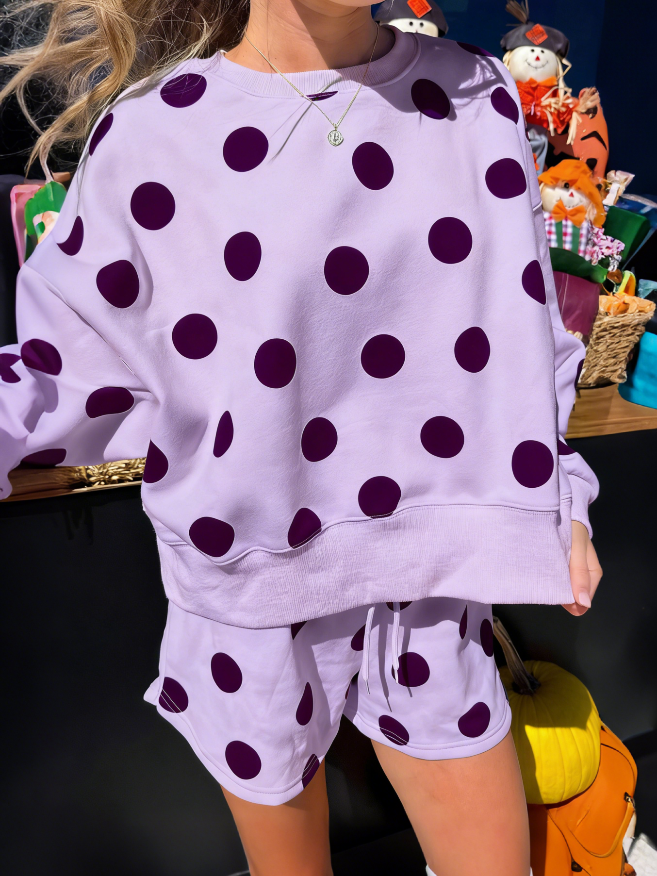 ✨Polka Dot Print Drop Shoulder Pullover Drawstring Shorts Set