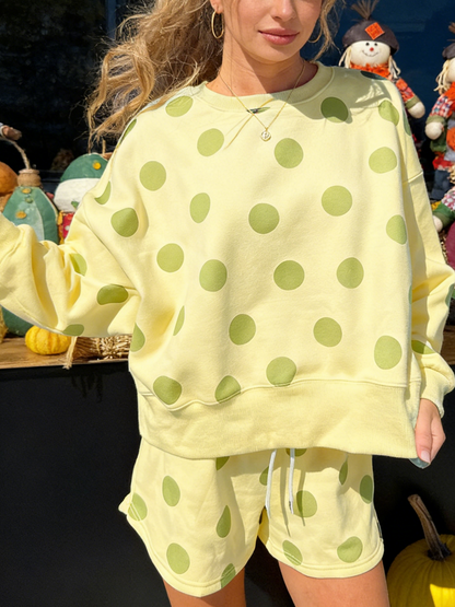 ✨Polka Dot Print Drop Shoulder Pullover Drawstring Shorts Set
